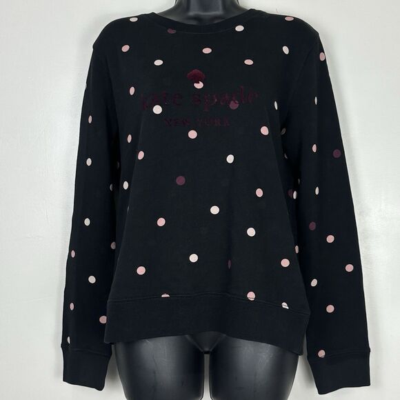 Kate Spade Bakery Cotton Sweatshirt Sz S Black Pink Polka Dot Crew Neck Pullover - Picture 4 of 11